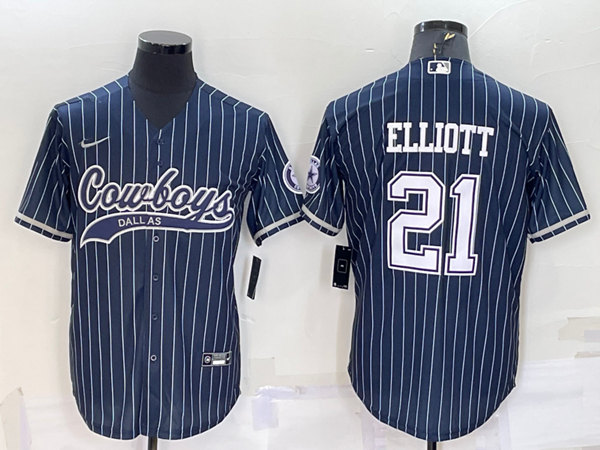 Dallas Cowboys #21 Ezekiel Elliott Navy With Patch Cool Base Stitched Baseball Jersey - Zenithce