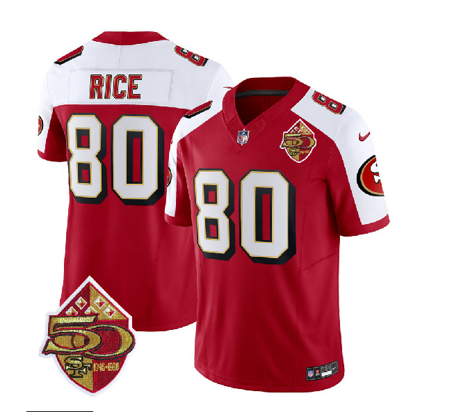 San Francisco 49ers #80 Jerry Rice Red White 2023 F.U.S.E. 50th Patch Throwback Stitched Jersey - Zenithce