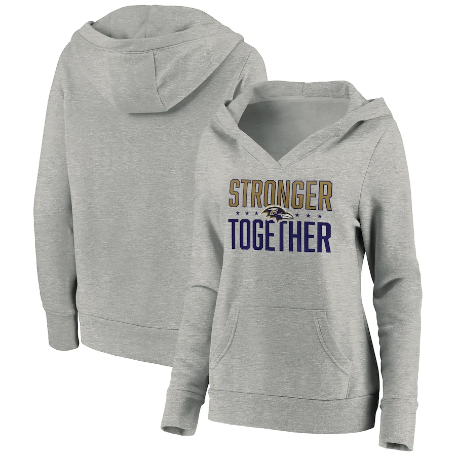 Women's Baltimore Ravens Heather Gray Stronger Together Crossover Neck Pullover Hoodie(Run Small) - Zenithce