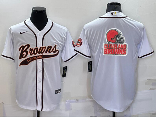 Cleveland Browns White Team Big Logo With Patch Cool Base Stitched Baseball Jersey - Zenithce