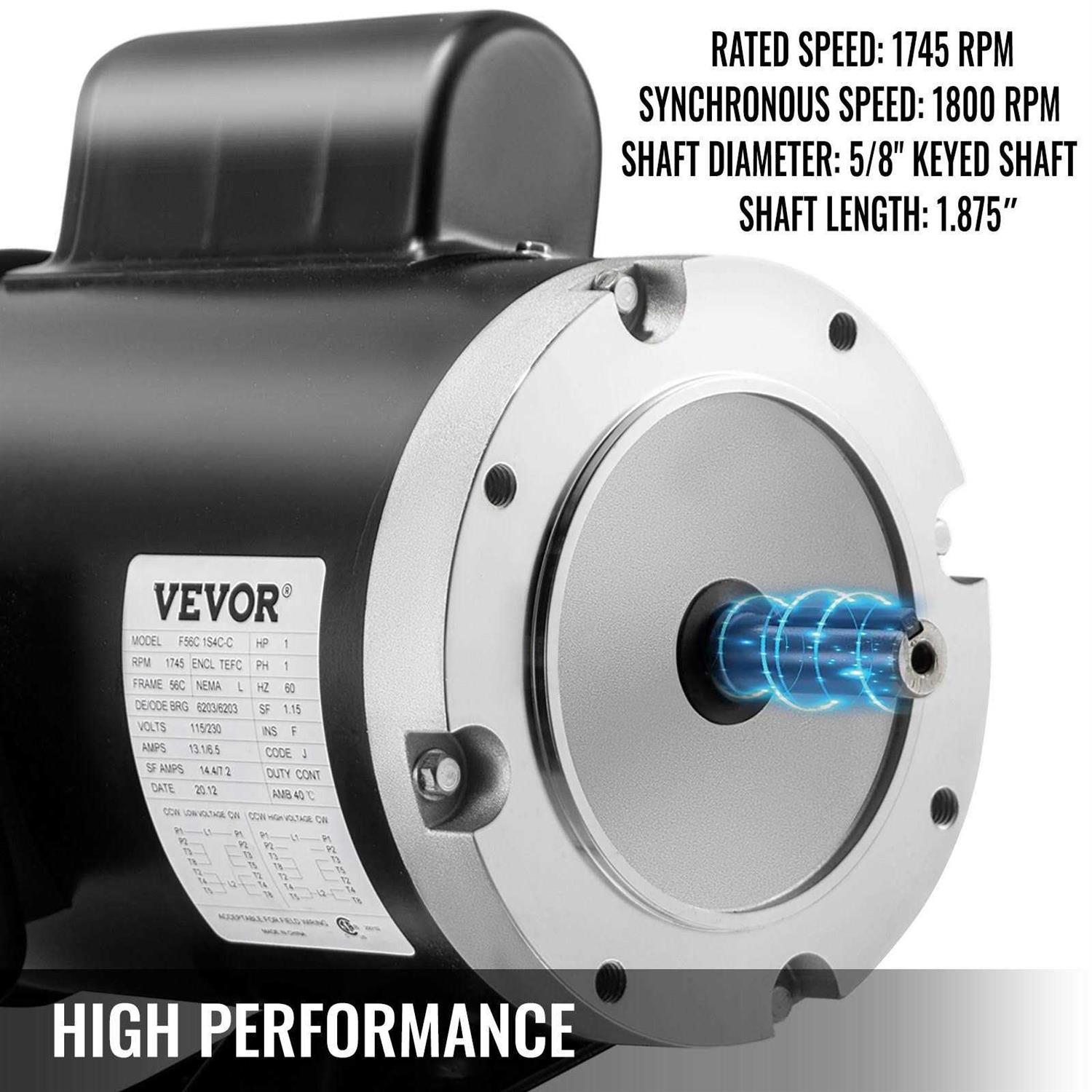 VEVOR 1Hp Electric Motor 120156C Single Phase 56C Frame TEFC 115230V 3600RPM JLDJ120156C360001V6 - Zenithce