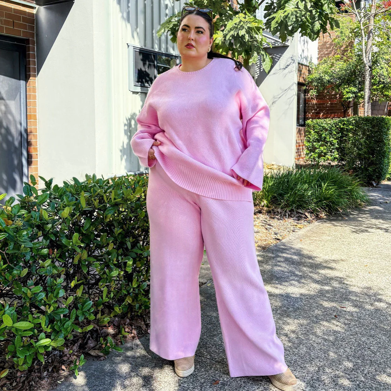 Knit Rib Wide Leg Trousers - P��tale de Rose - Zenithce