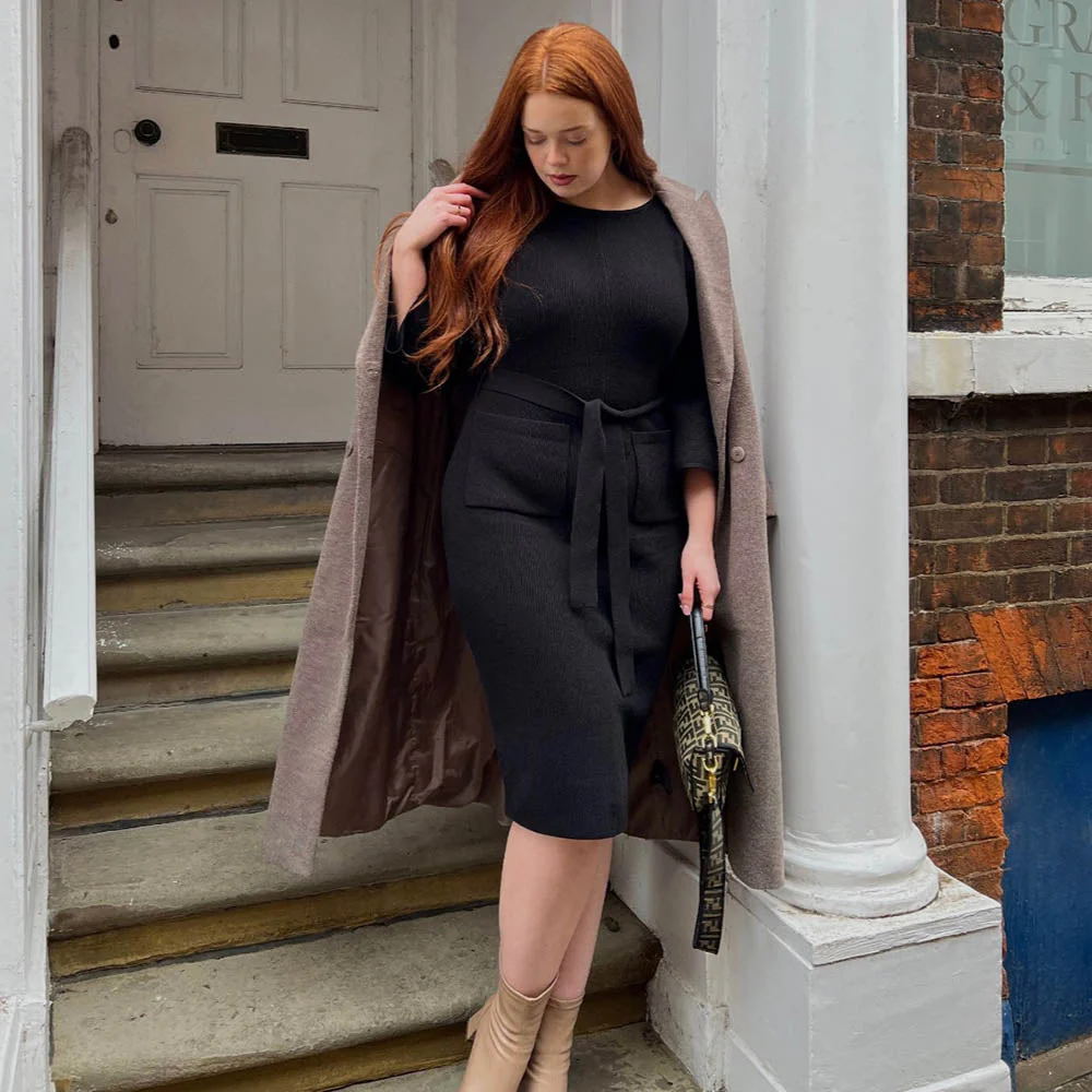 Midi Knitted Cocoon Dress - Black - Zenithce