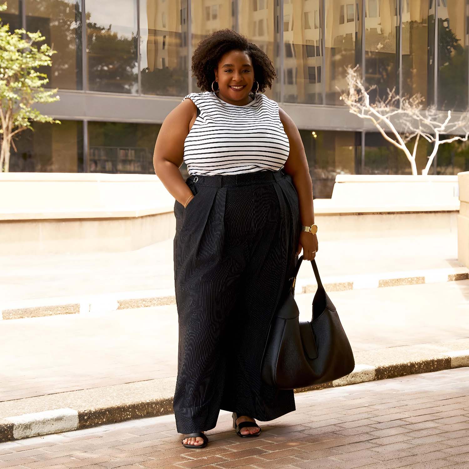 Wide Leg Pinstripe Tailored Trousers - Black - Zenithce