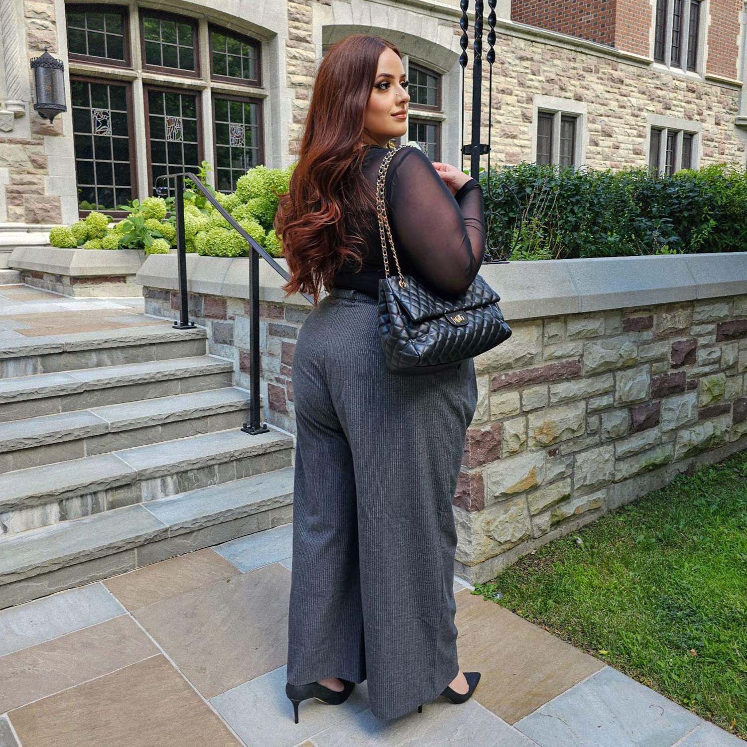 Wide Leg Pinstripe Tailored Trousers - Charcoal - Zenithce