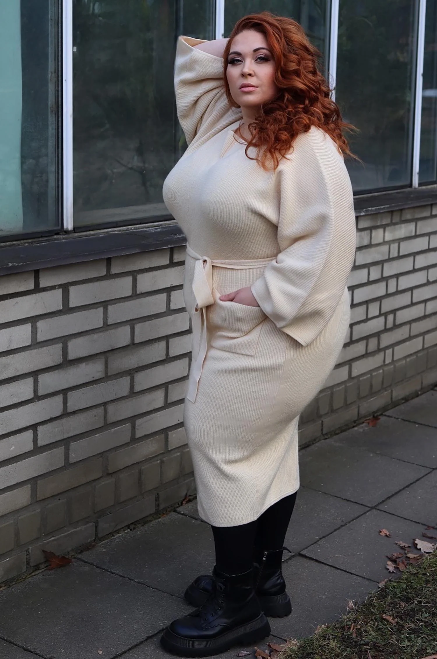 Midi Knitted Cocoon Dress - Oatmeal - Zenithce