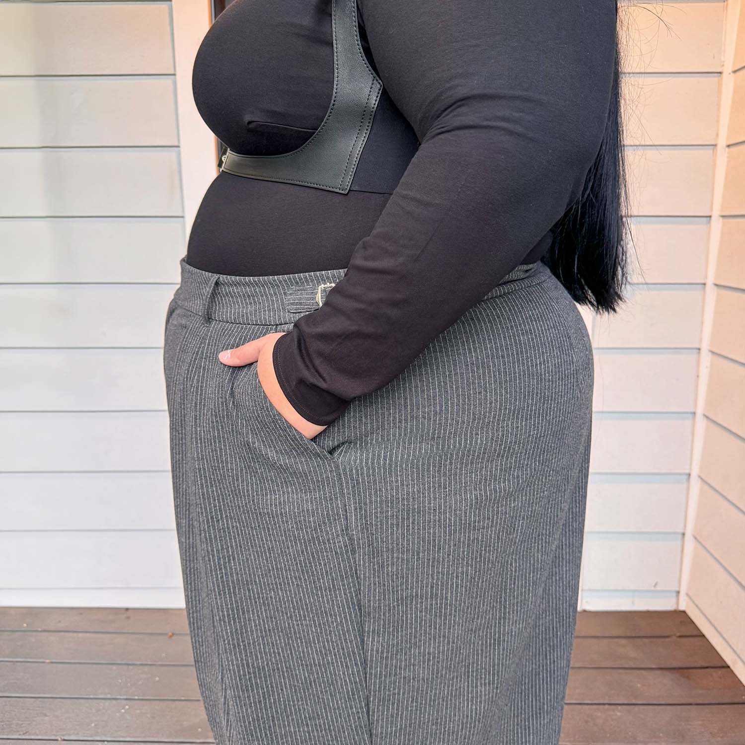 Wide Leg Pinstripe Tailored Trousers - Charcoal - Zenithce