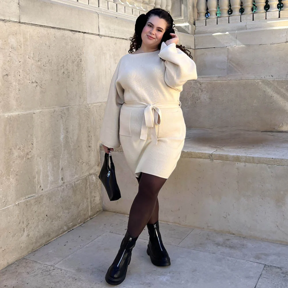 Mini Knitted Cocoon Dress - Oatmeal - Zenithce