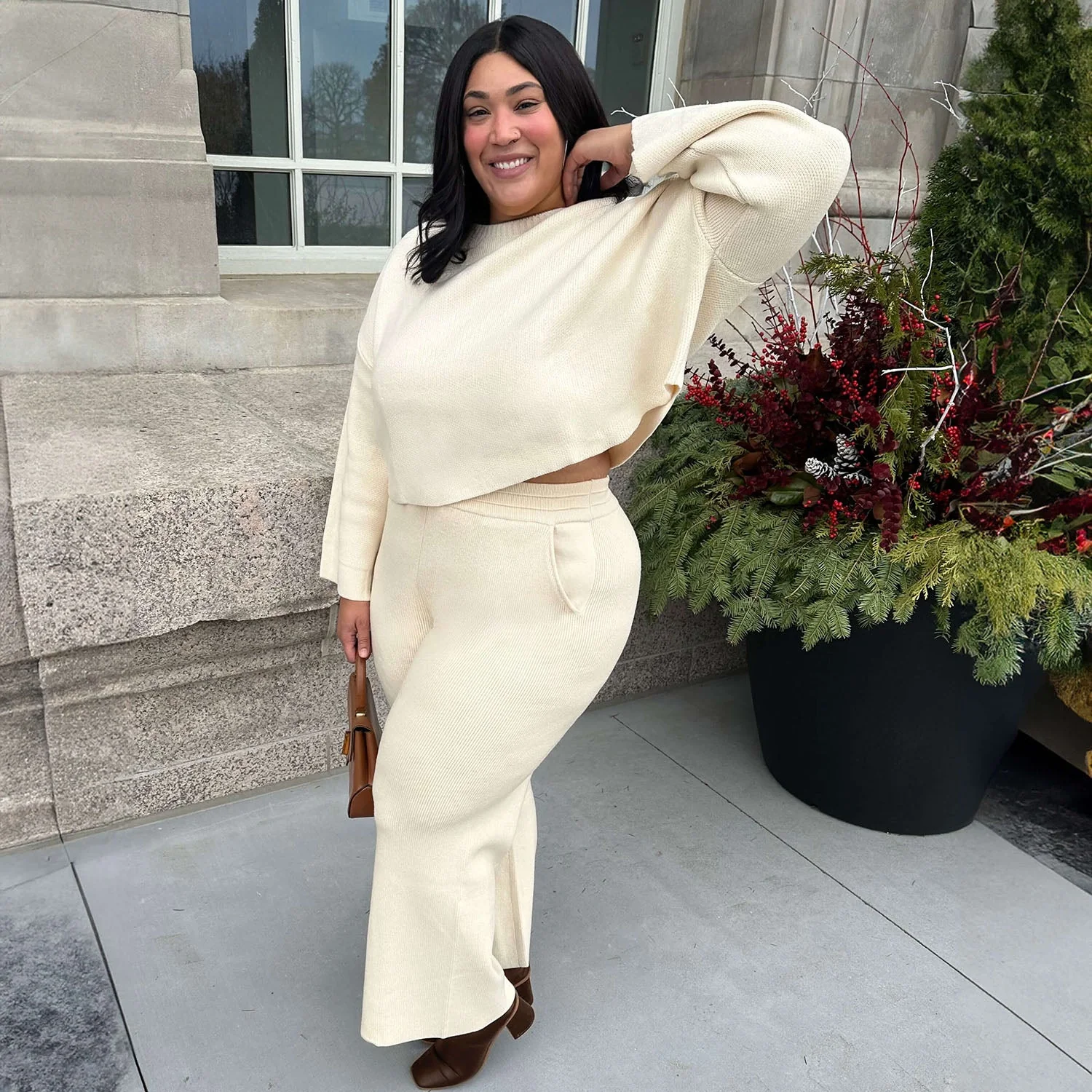 Knit Crop Jumper & Wide Leg Trousers Oatmeal Bundle - Zenithce