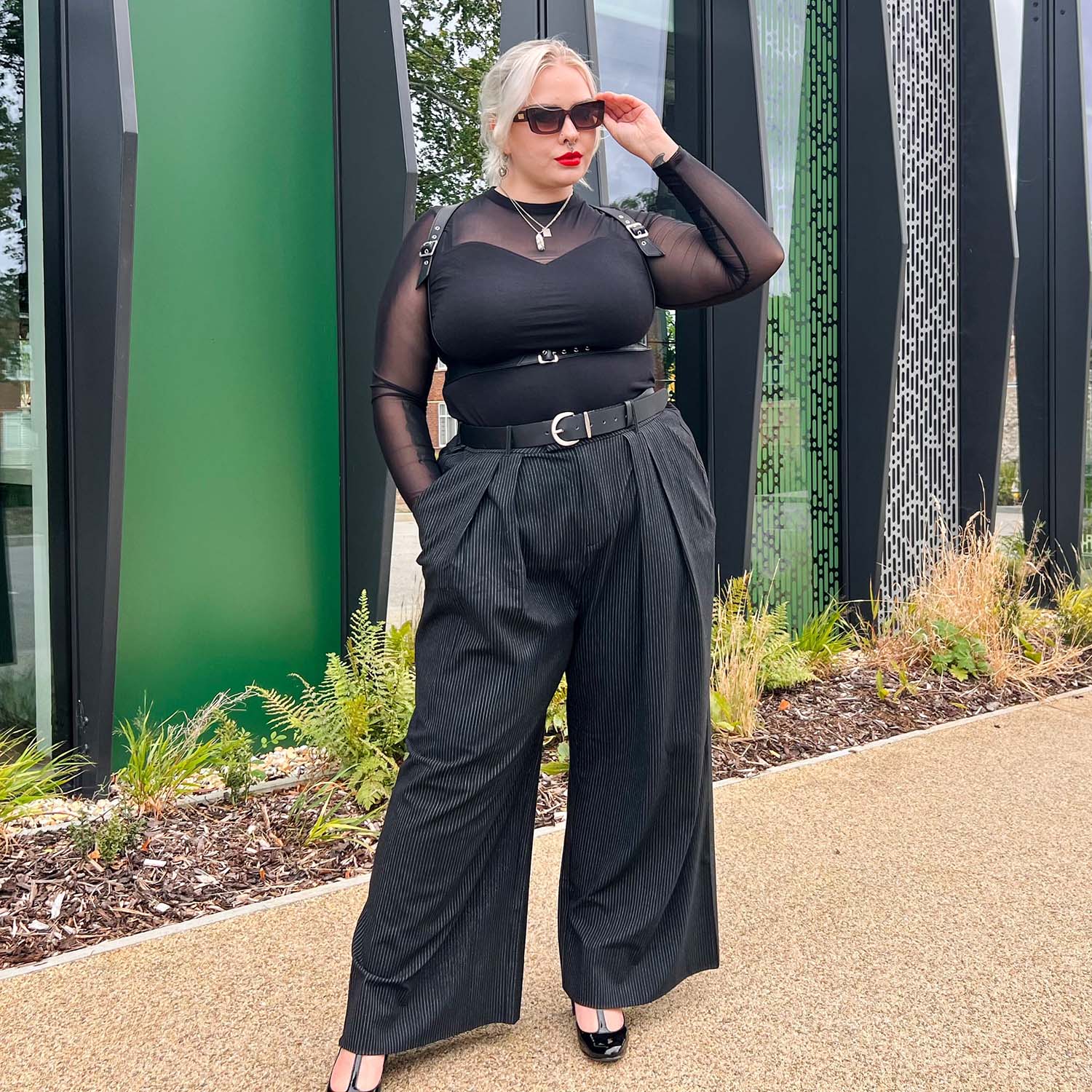 Wide Leg Pinstripe Tailored Trousers - Black - Zenithce