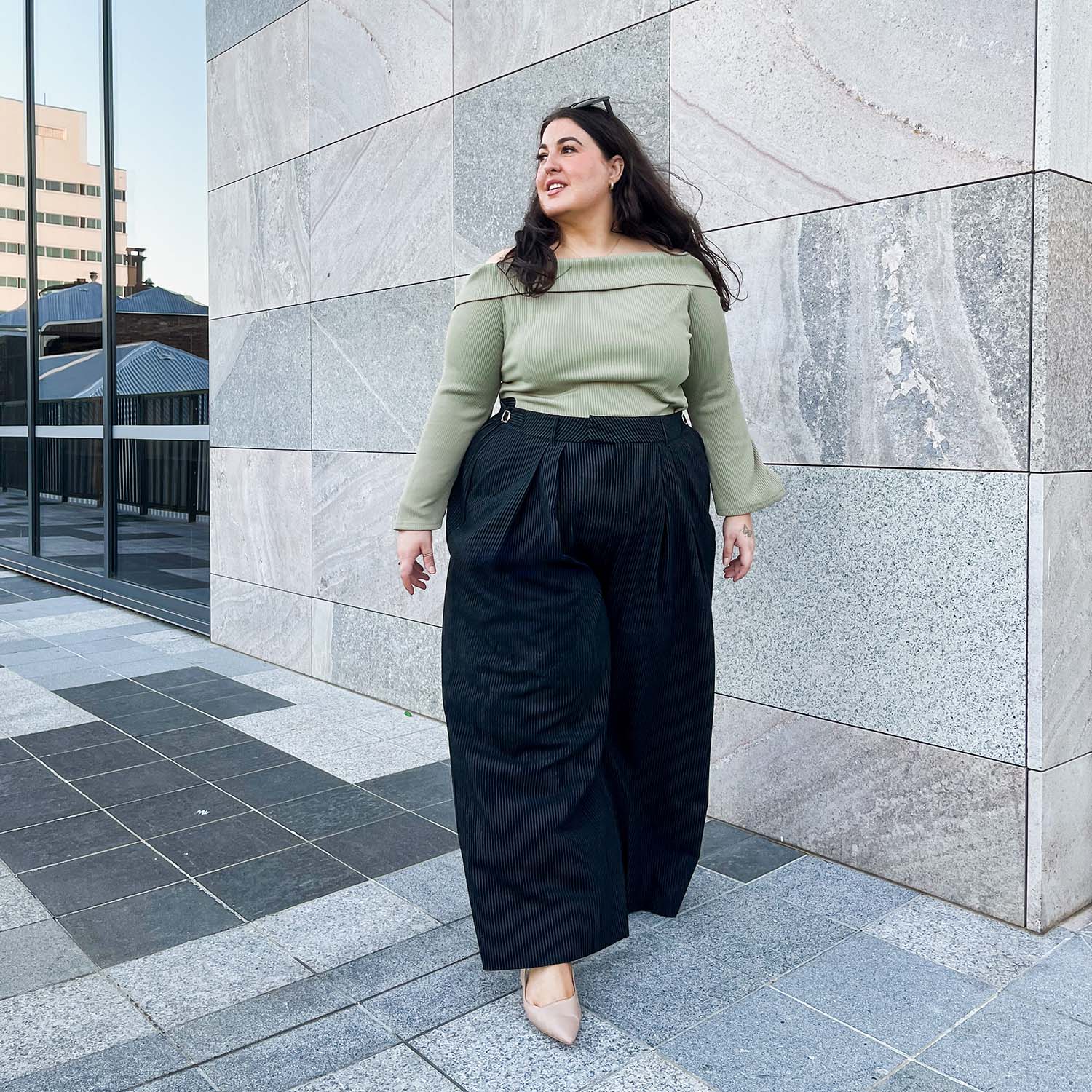 Wide Leg Pinstripe Tailored Trousers - Black - Zenithce