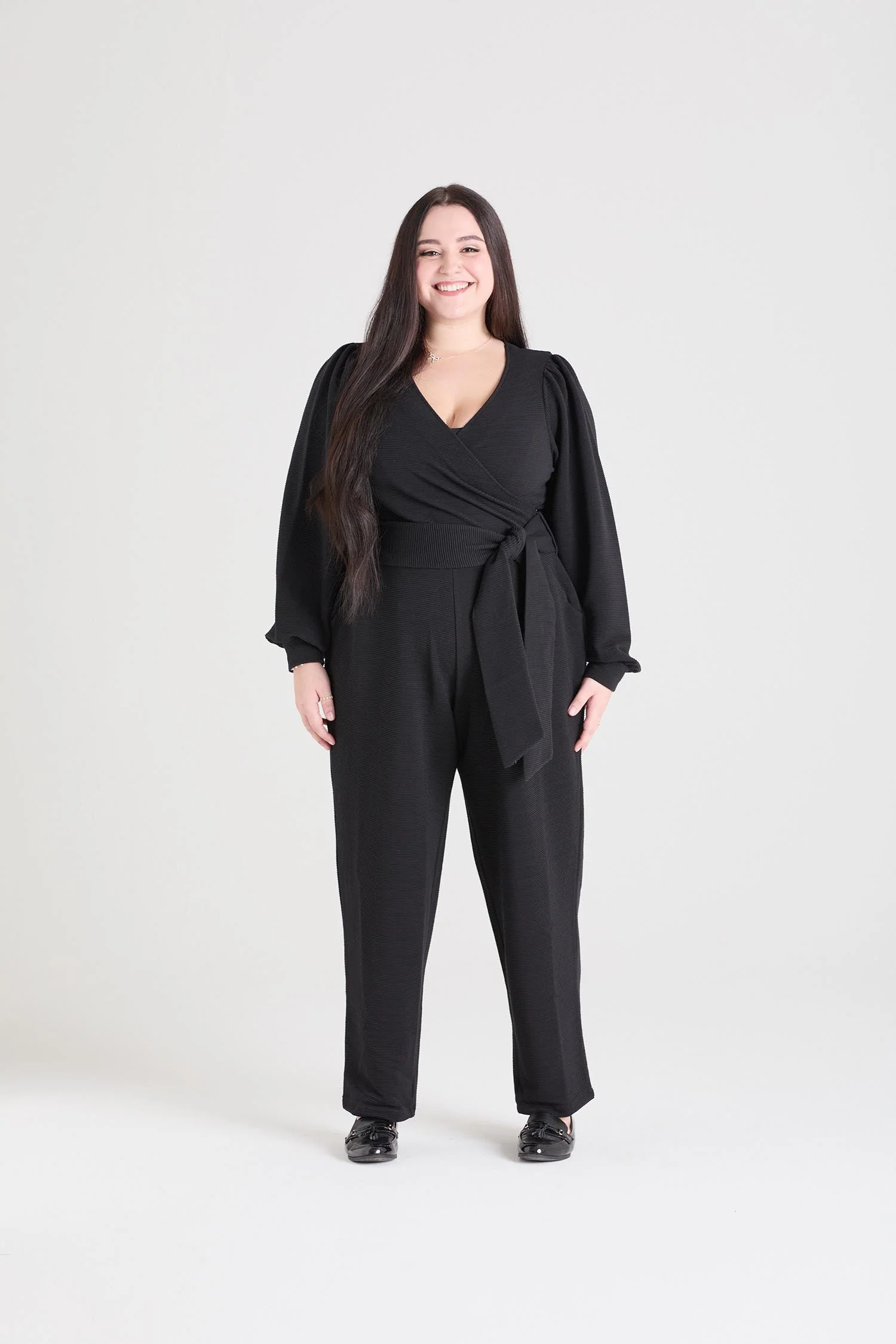 Ottoman Long Sleeve Wrap Jumpsuit - Black - Zenithce