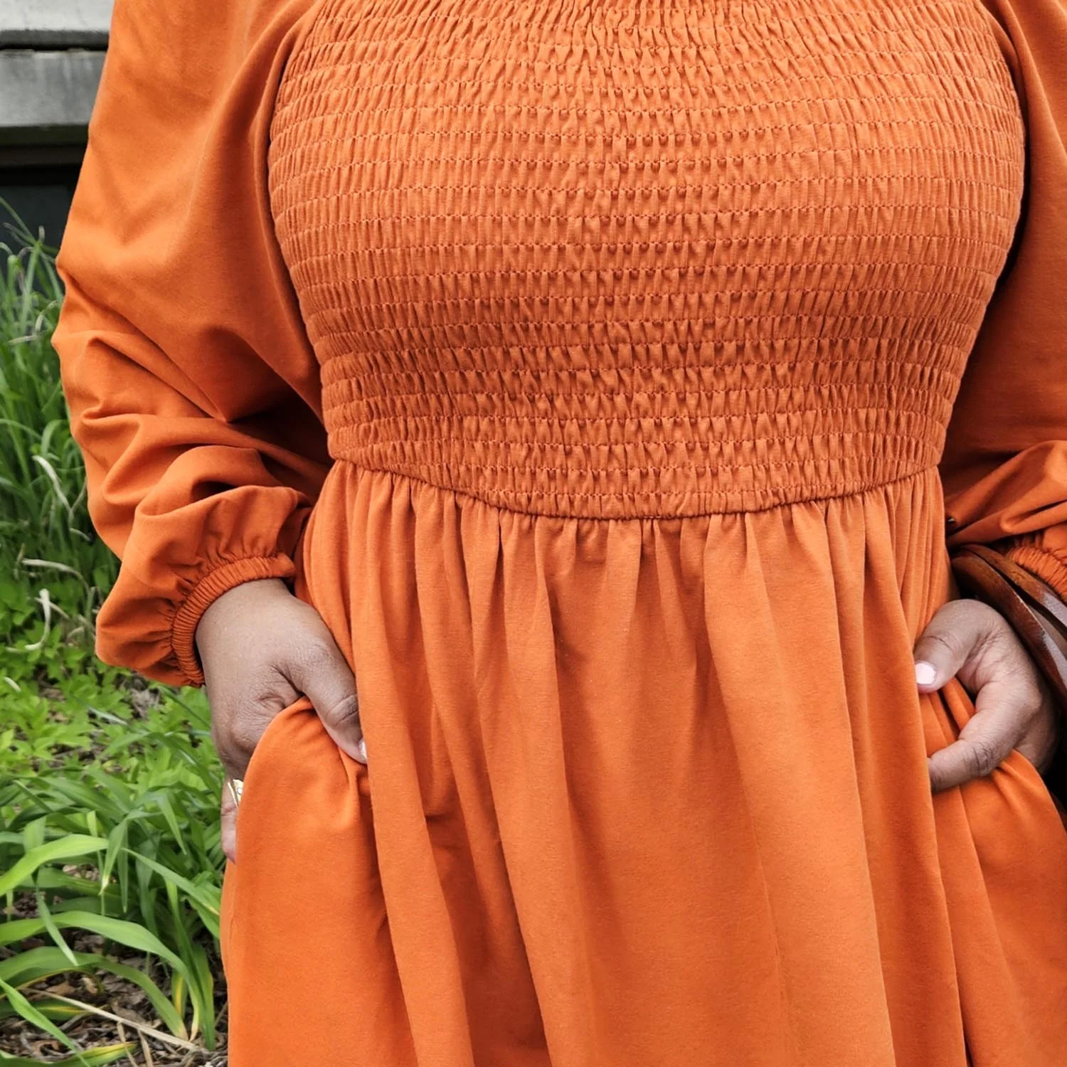 Long Sleeved Shirred Midi Dress - Toffee Apple - Zenithce