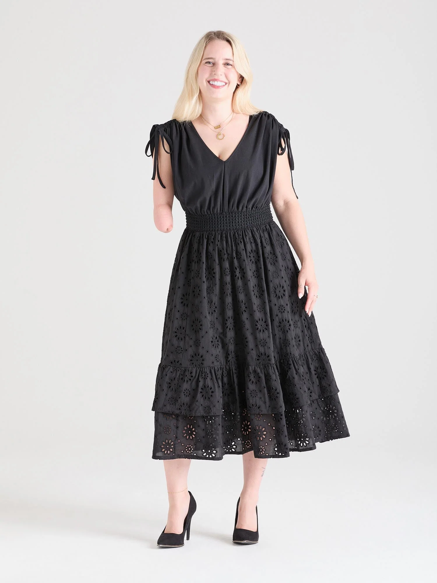 Broderie Anglaise Midi Dress - Black - Zenithce