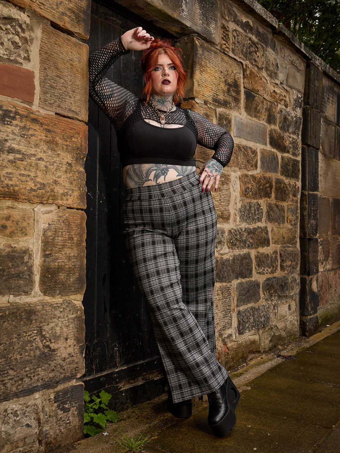 Plaid Wide-Leg Trousers - Black & Grey - Zenithce