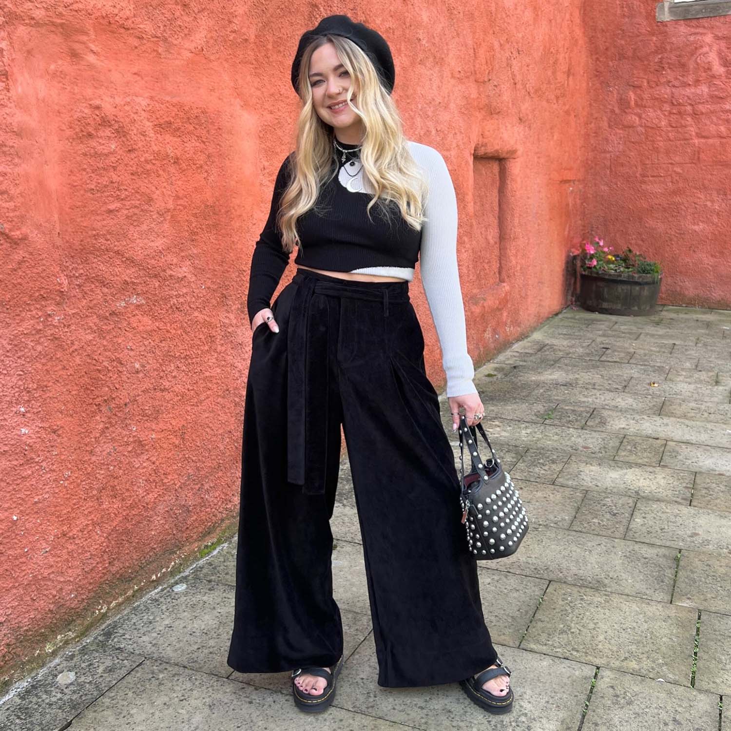 Wide Leg Cord Tailored Trousers - Black - Zenithce