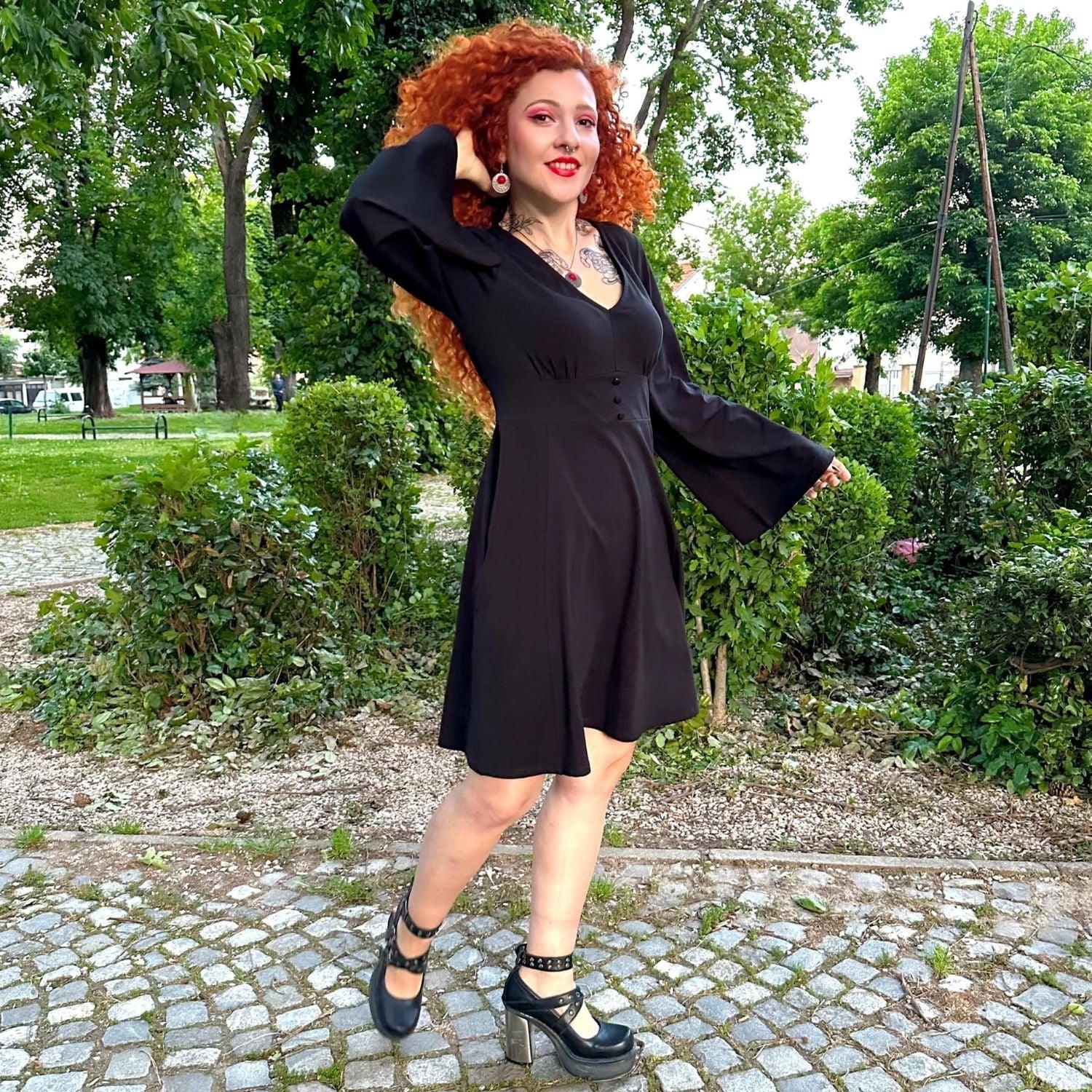 Bell Sleeve Mini Dress - Black - Zenithce