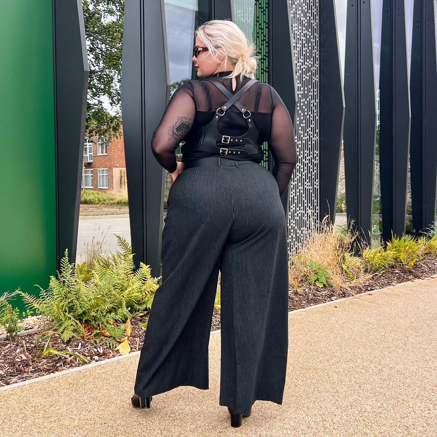 Wide Leg Pinstripe Tailored Trousers - Black - Zenithce