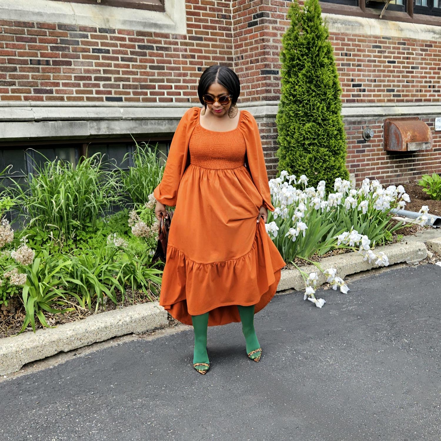 Long Sleeved Shirred Midi Dress - Toffee Apple - Zenithce