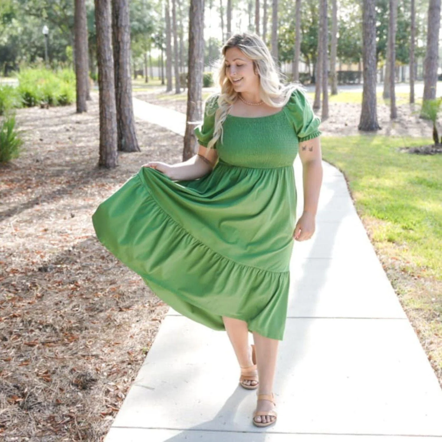 Shirred Midi Dress - Meadow - Zenithce