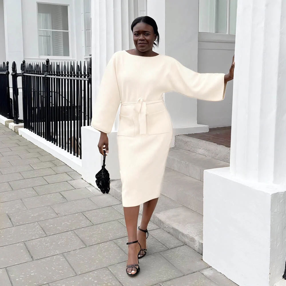 Midi Knitted Cocoon Dress - Oatmeal - Zenithce