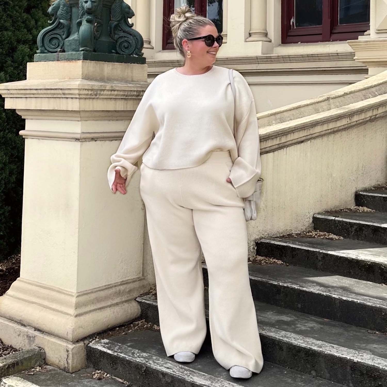 Knit Rib Wide Leg Trousers - Oatmeal - Zenithce