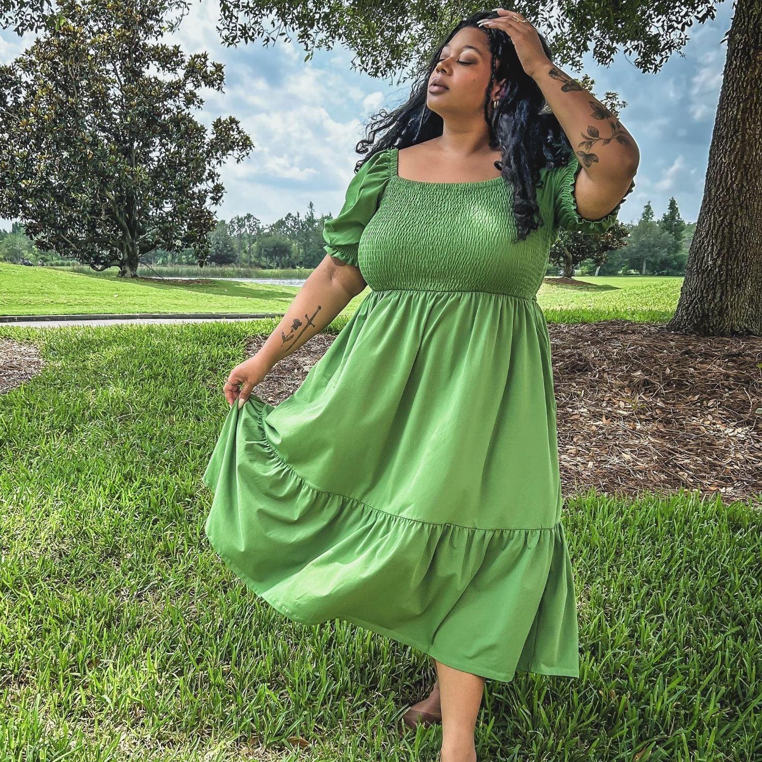 Shirred Midi Dress - Meadow - Zenithce