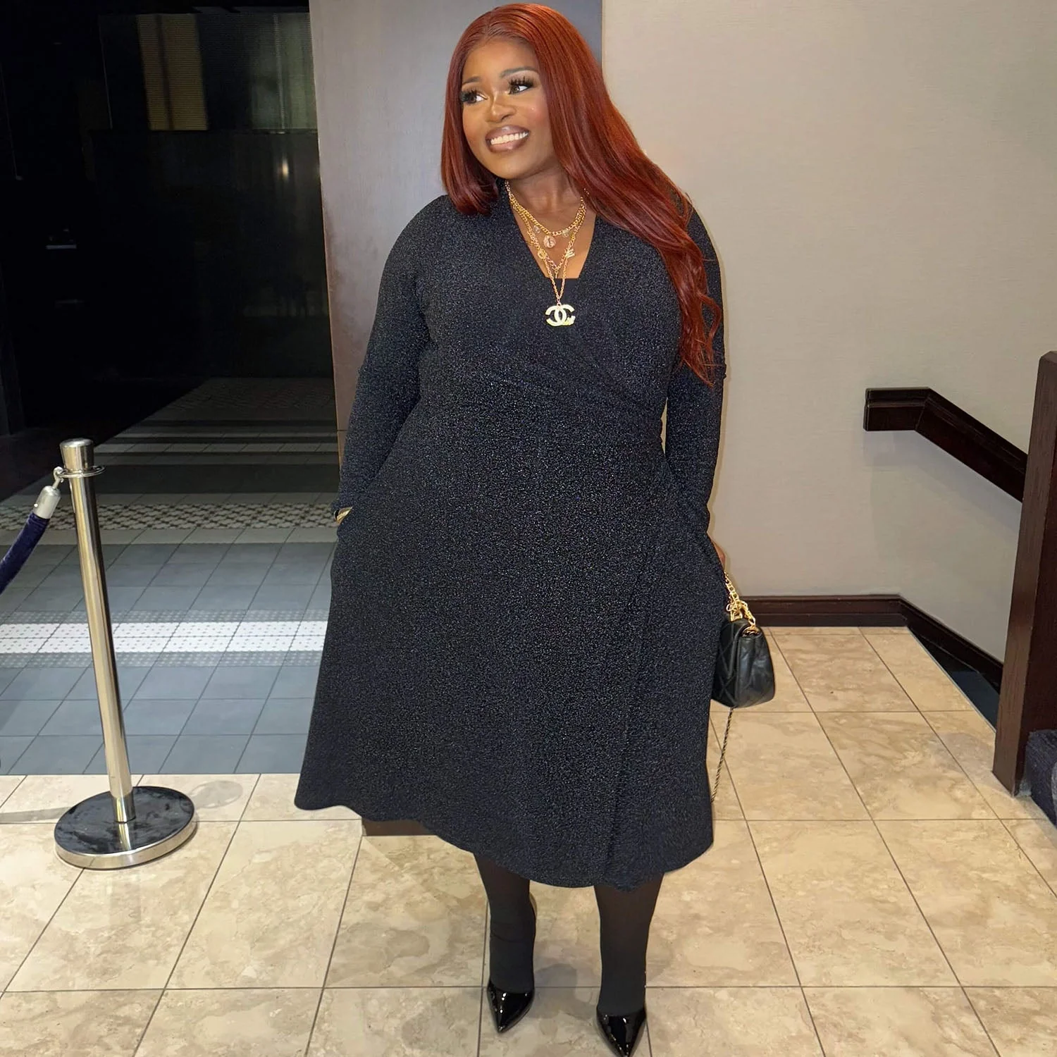 Lurex Wrap Dress - Black - Zenithce