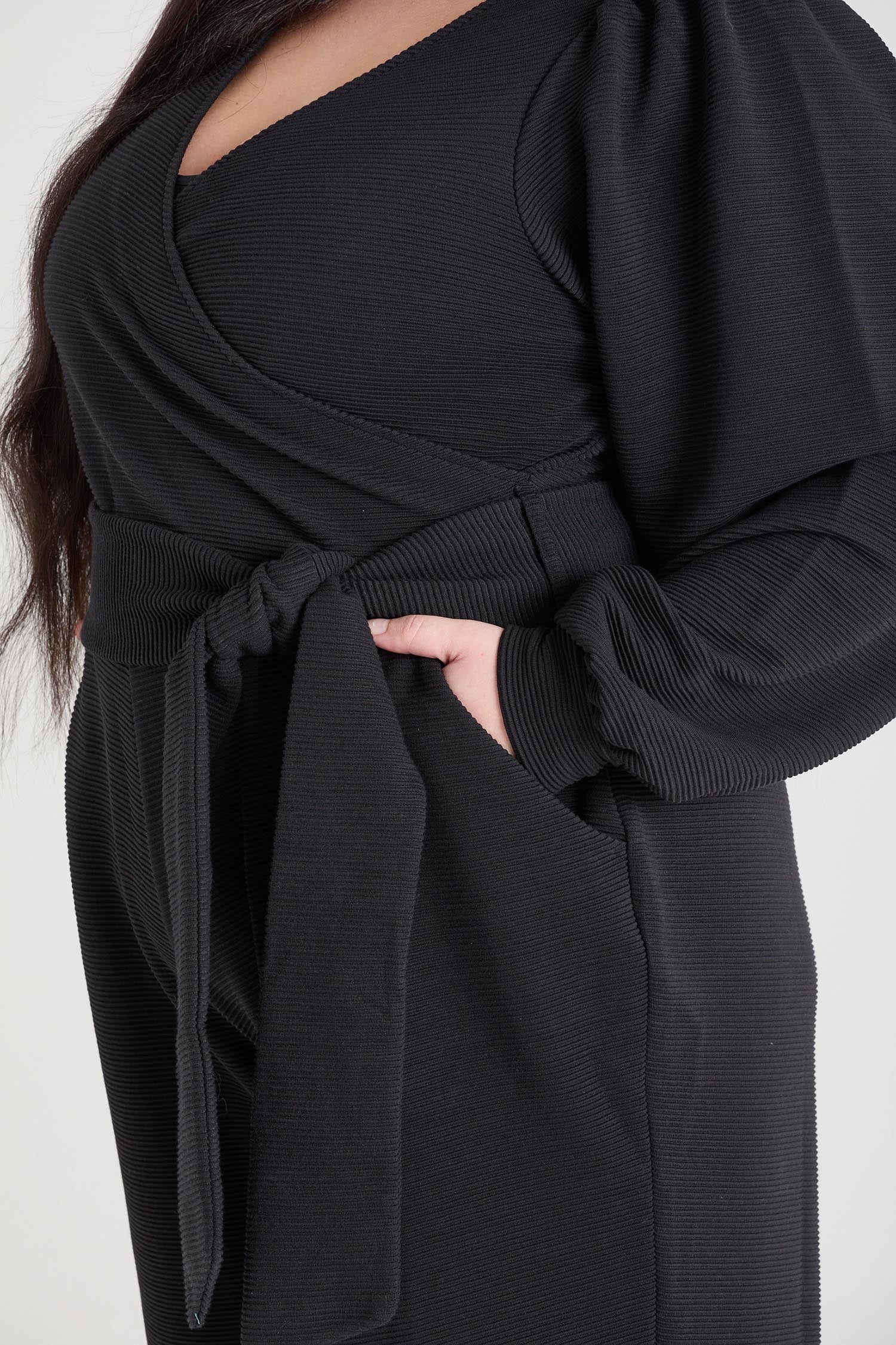 Ottoman Long Sleeve Wrap Jumpsuit - Black - Zenithce