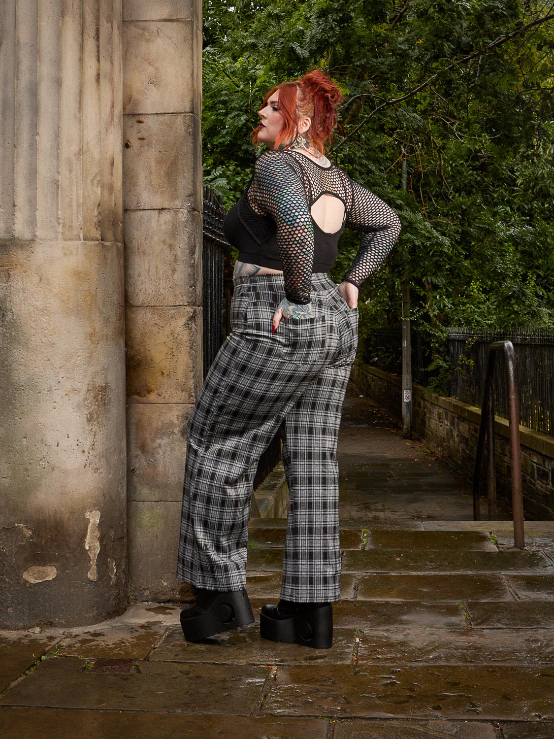 Plaid Wide-Leg Trousers - Black & Grey - Zenithce