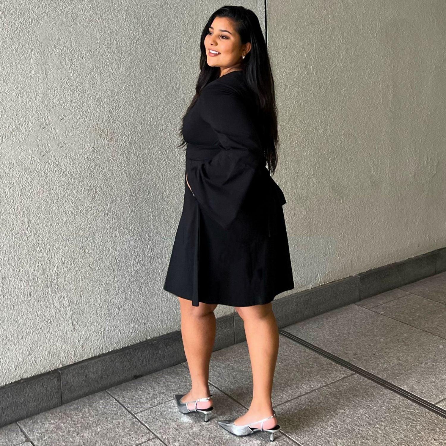 Bell Sleeve Mini Dress - Black - Zenithce