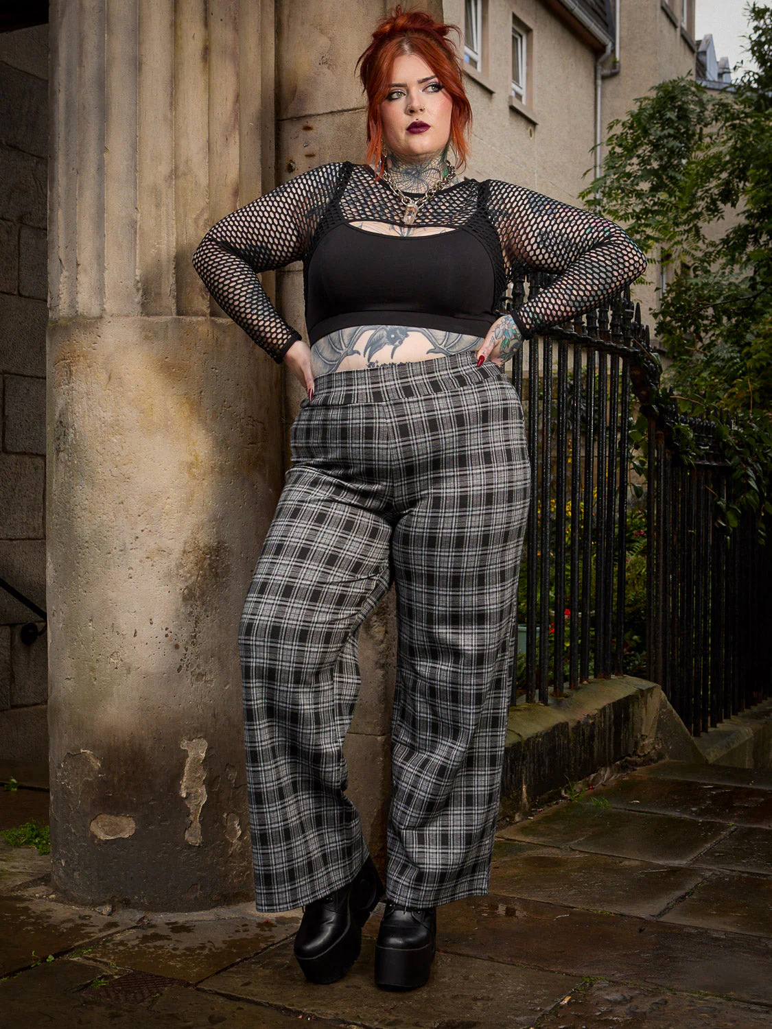 Plaid Wide-Leg Trousers - Black & Grey - Zenithce