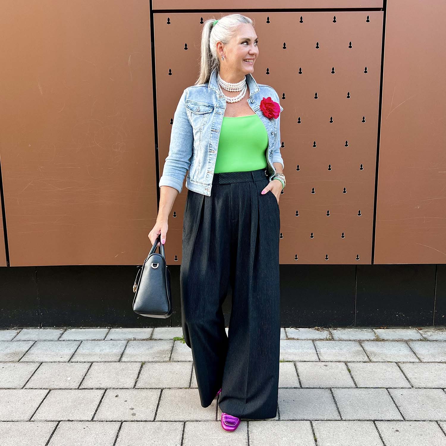 Wide Leg Pinstripe Tailored Trousers - Black - Zenithce