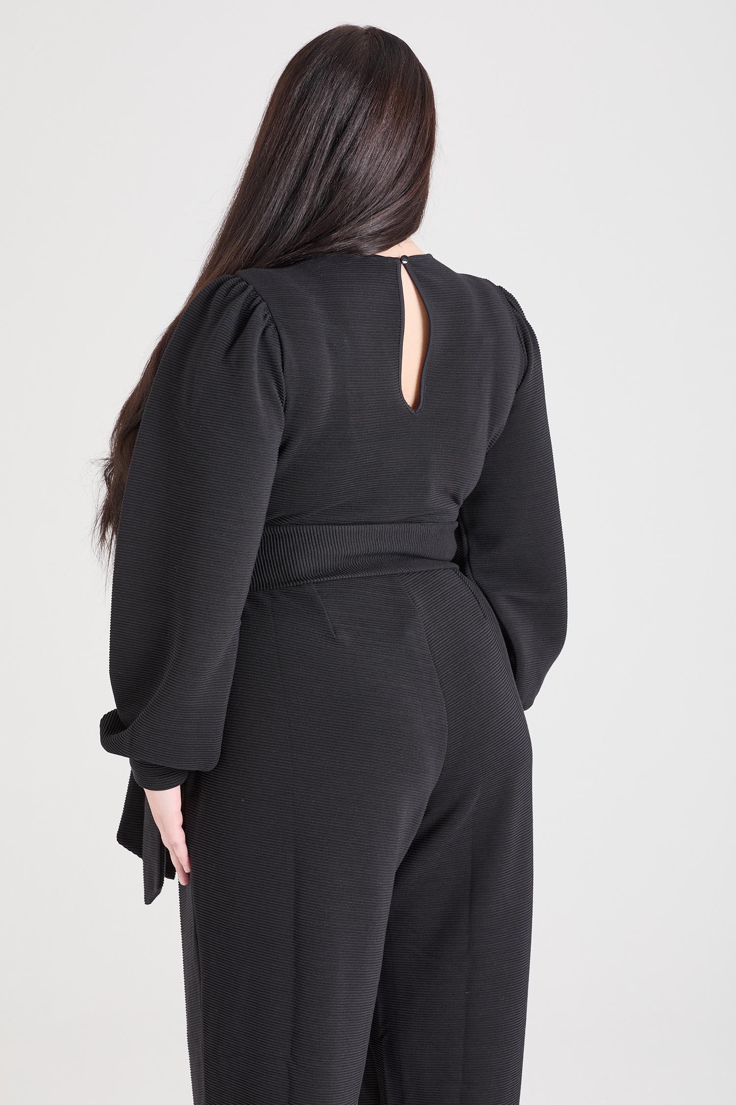 Ottoman Long Sleeve Wrap Jumpsuit - Black - Zenithce