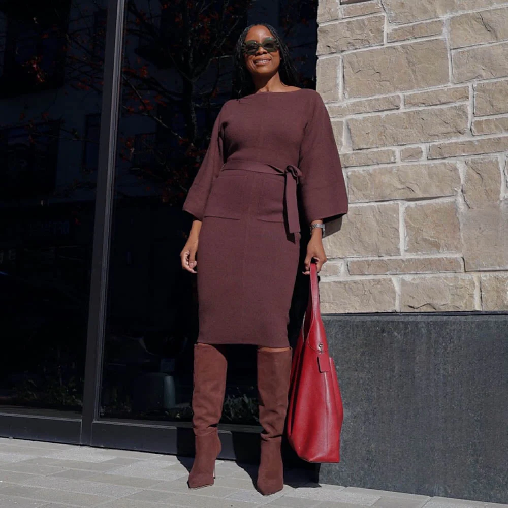 Midi Knitted Cocoon Dress - Hot Chocolate - Zenithce