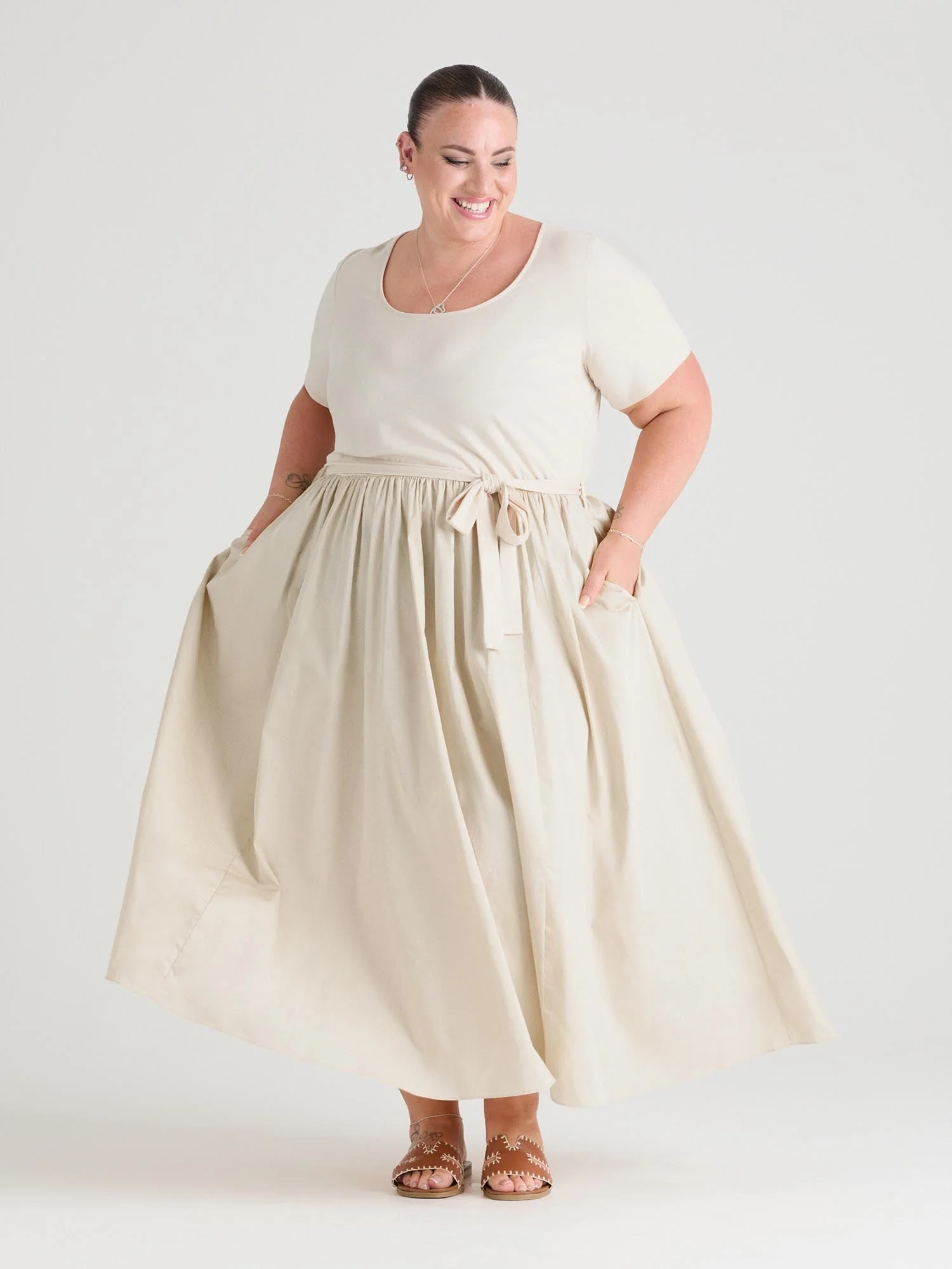 Midaxi Tee Poplin Dress - Oatmeal - Zenithce