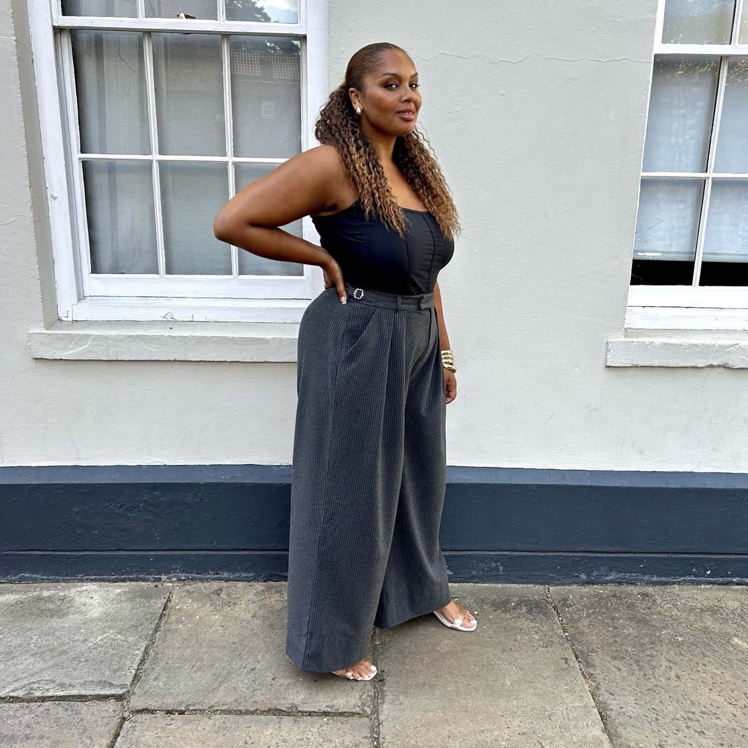 Wide Leg Pinstripe Tailored Trousers - Charcoal - Zenithce