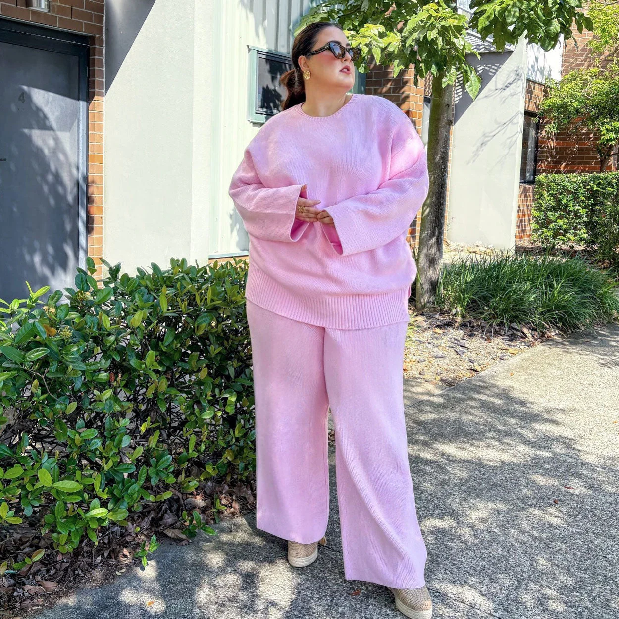 Knit Rib Wide Leg Trousers - P��tale de Rose - Zenithce