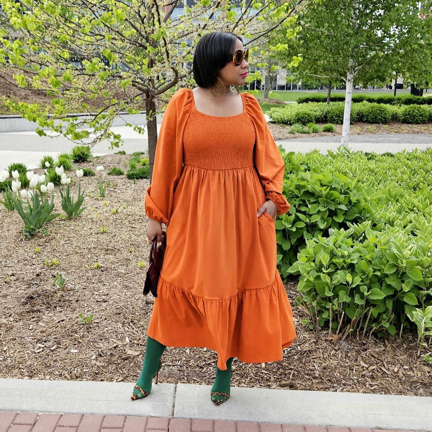 Long Sleeved Shirred Midi Dress - Toffee Apple - Zenithce
