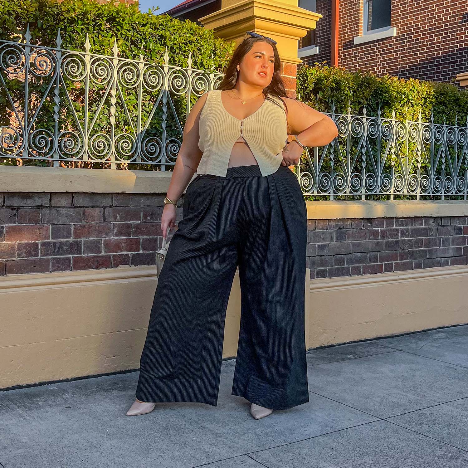 Wide Leg Pinstripe Tailored Trousers - Black - Zenithce