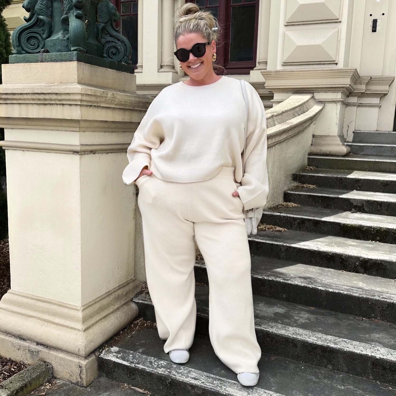 Knit Crop Jumper & Wide Leg Trousers Oatmeal Bundle - Zenithce