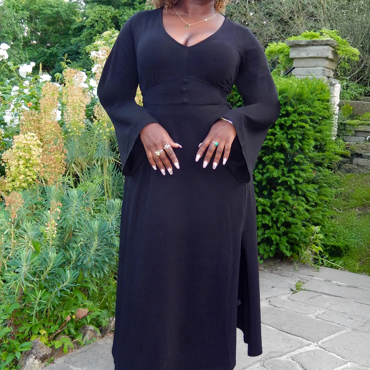 Midaxi Bell Sleeve Dress - Black - Zenithce