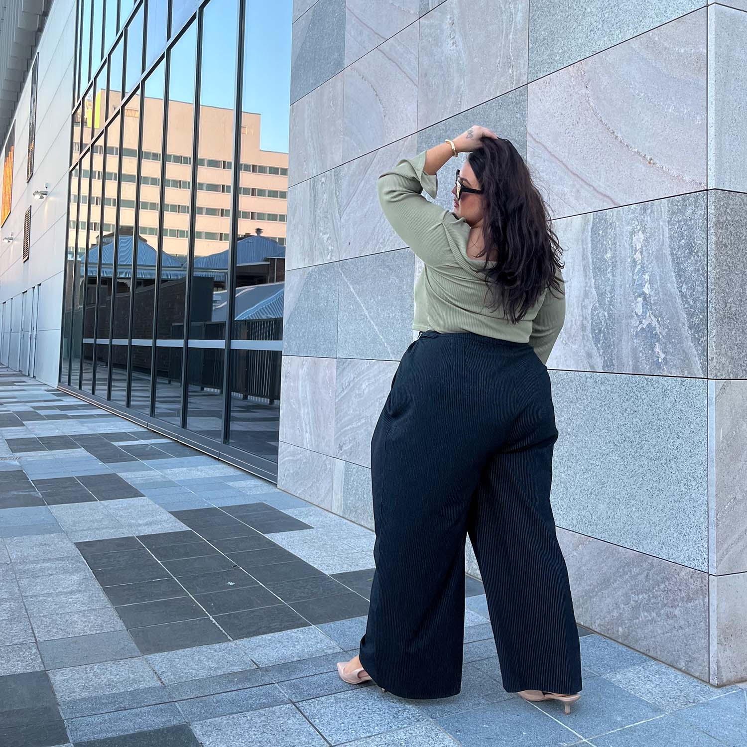 Wide Leg Pinstripe Tailored Trousers - Black - Zenithce