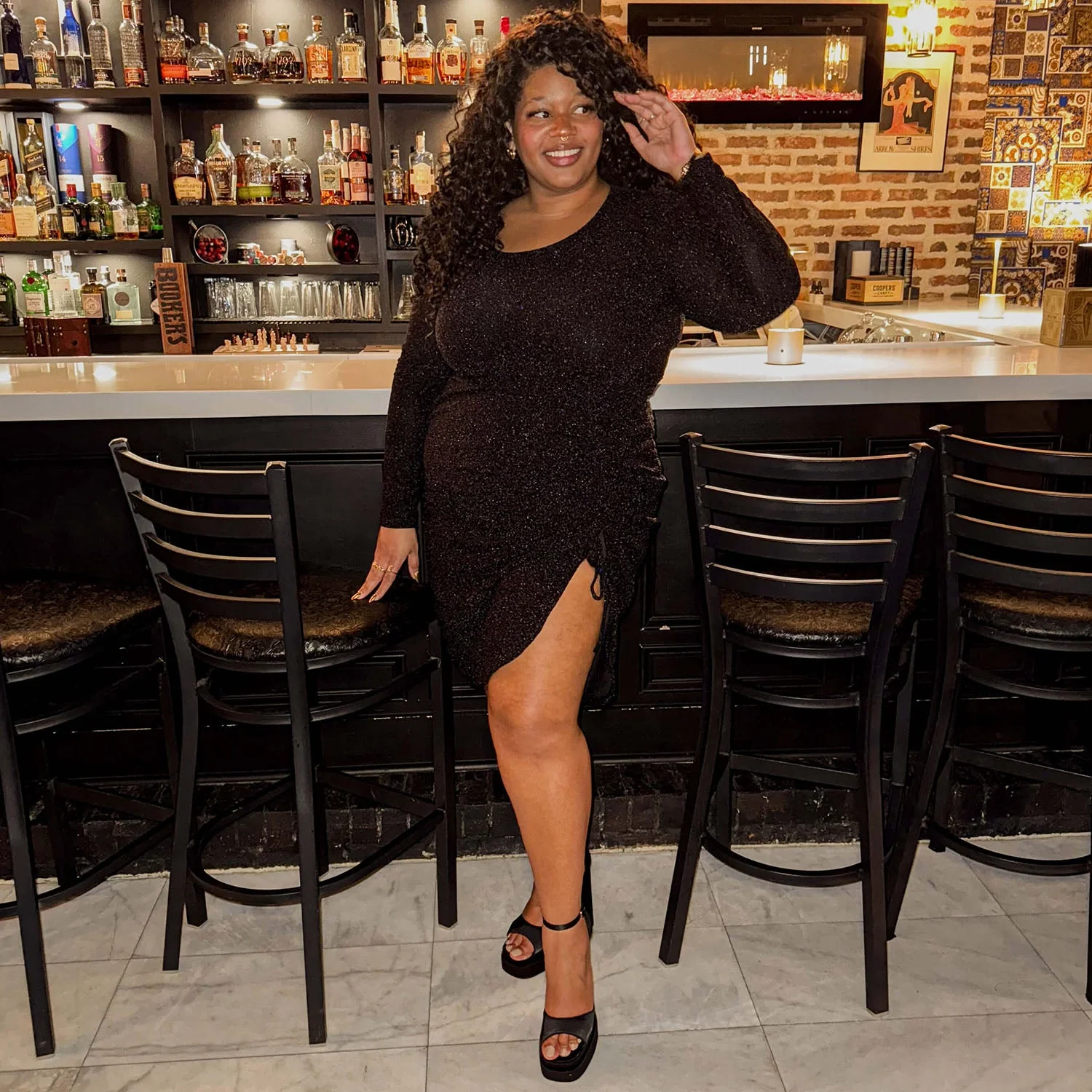 Lurex Long Sleeve Dress - Black - Zenithce