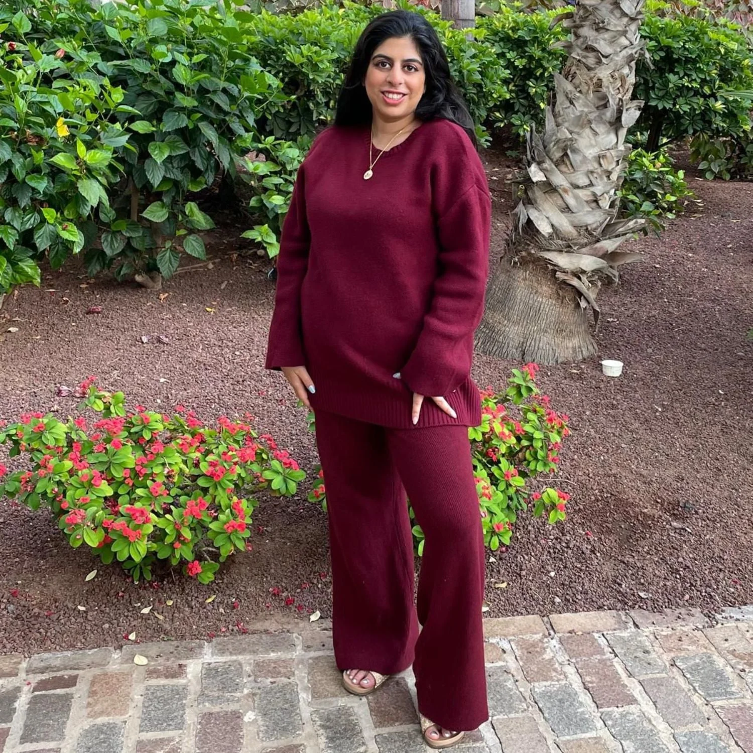 Knit Rib Wide Leg Trousers - Roast - Zenithce