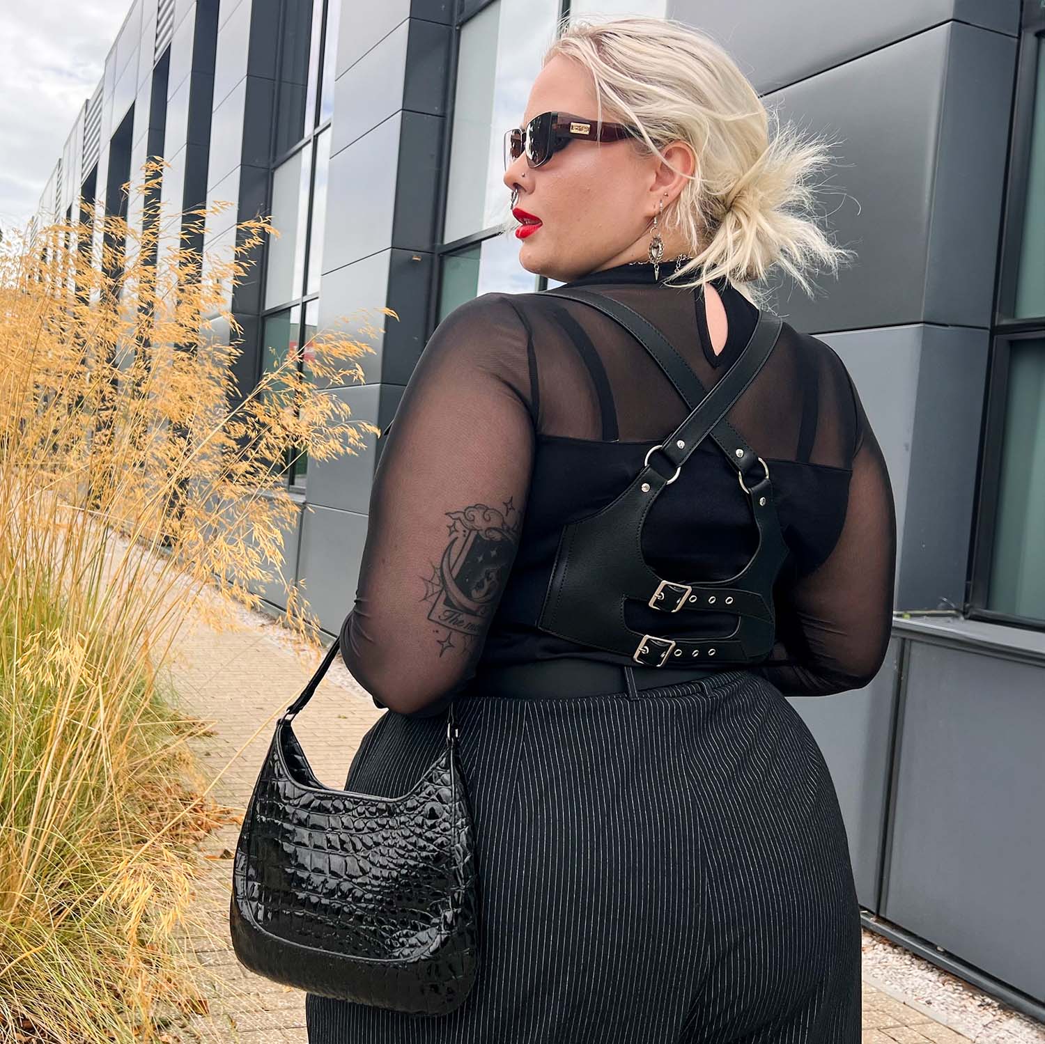 Wide Leg Pinstripe Tailored Trousers - Black - Zenithce