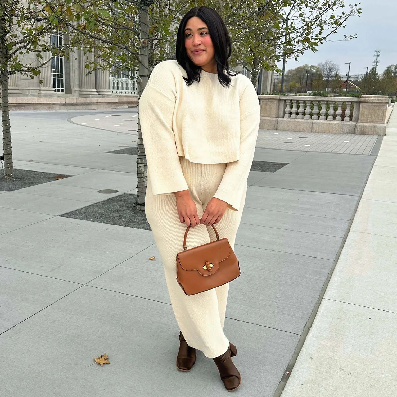 Knit Crop Jumper & Wide Leg Trousers Oatmeal Bundle - Zenithce