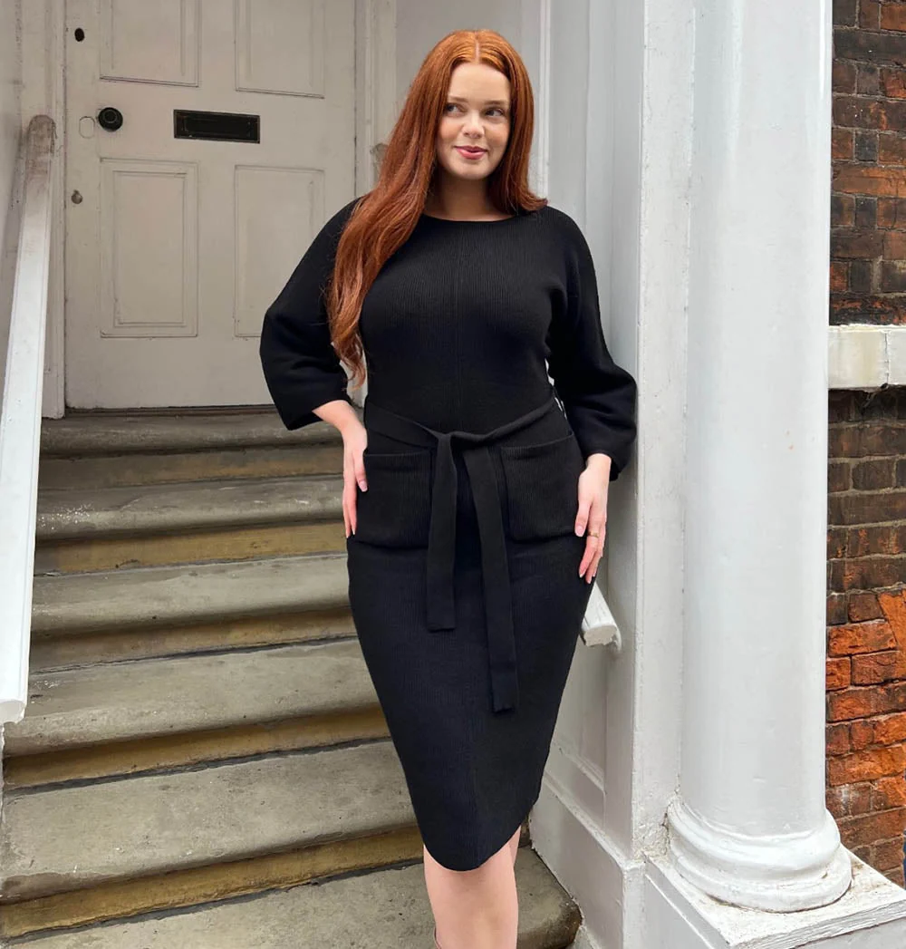 Midi Knitted Cocoon Dress - Black - Zenithce