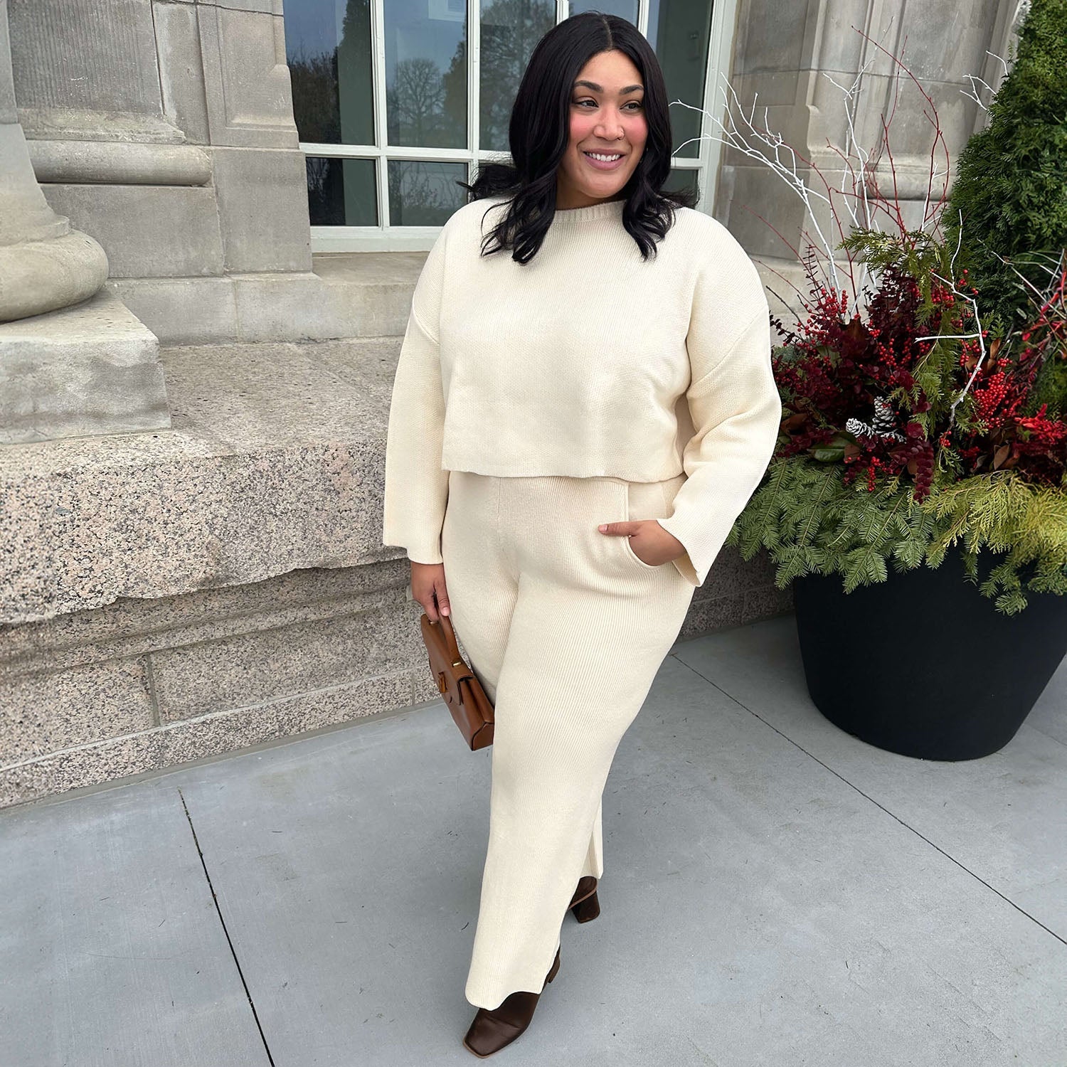 Knit Crop Jumper & Wide Leg Trousers Oatmeal Bundle - Zenithce