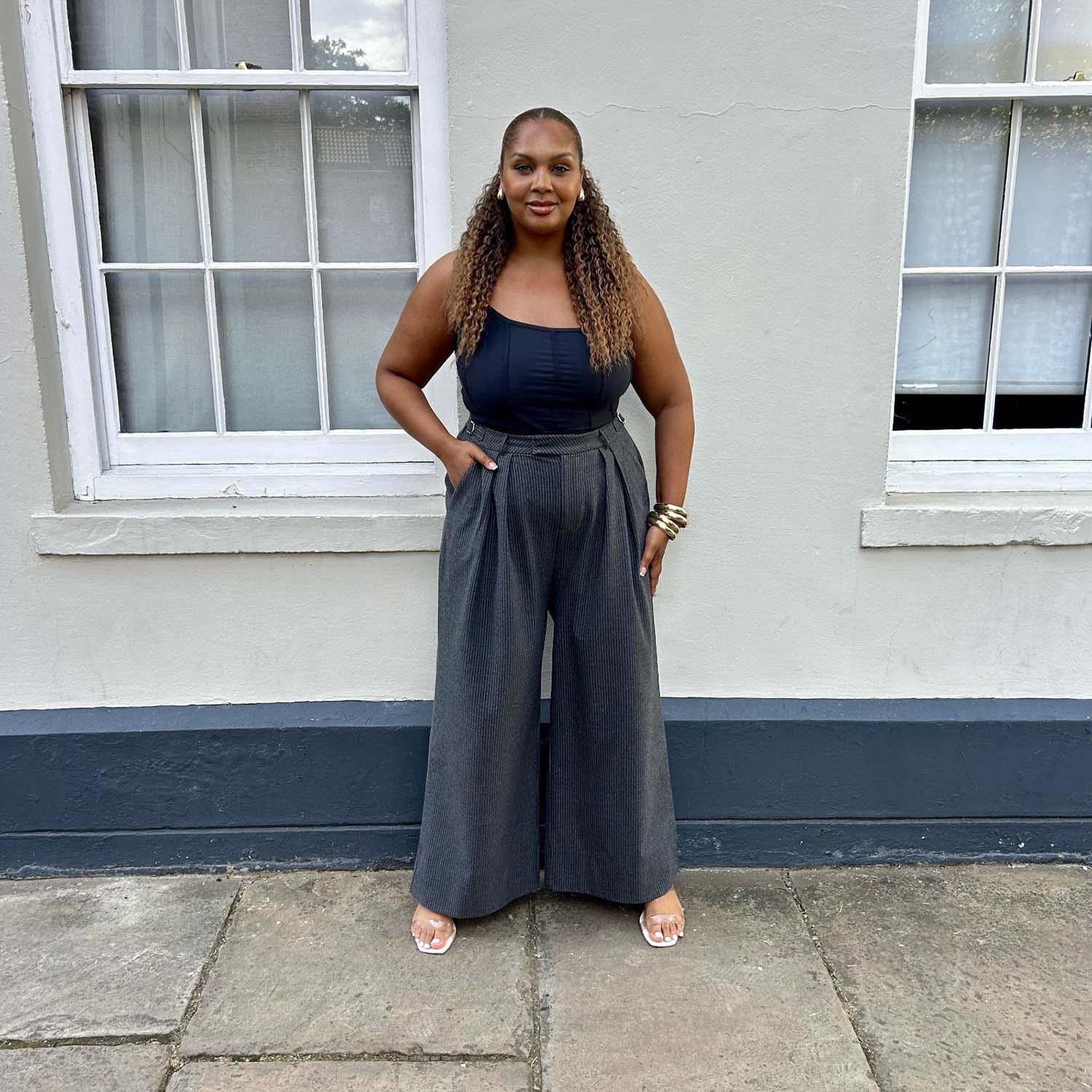 Wide Leg Pinstripe Tailored Trousers - Charcoal - Zenithce